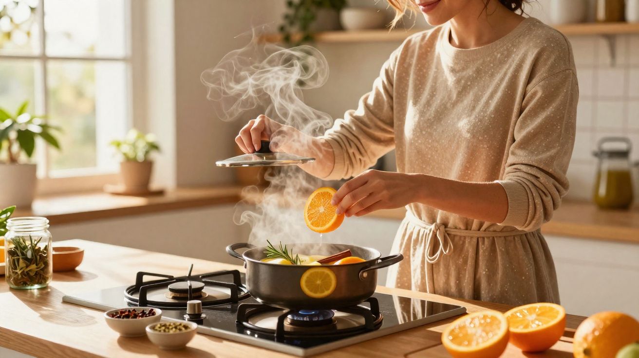 Mulher a cozinhar com laranja e ervas numa panela a ferver num fogão na cozinha iluminada.