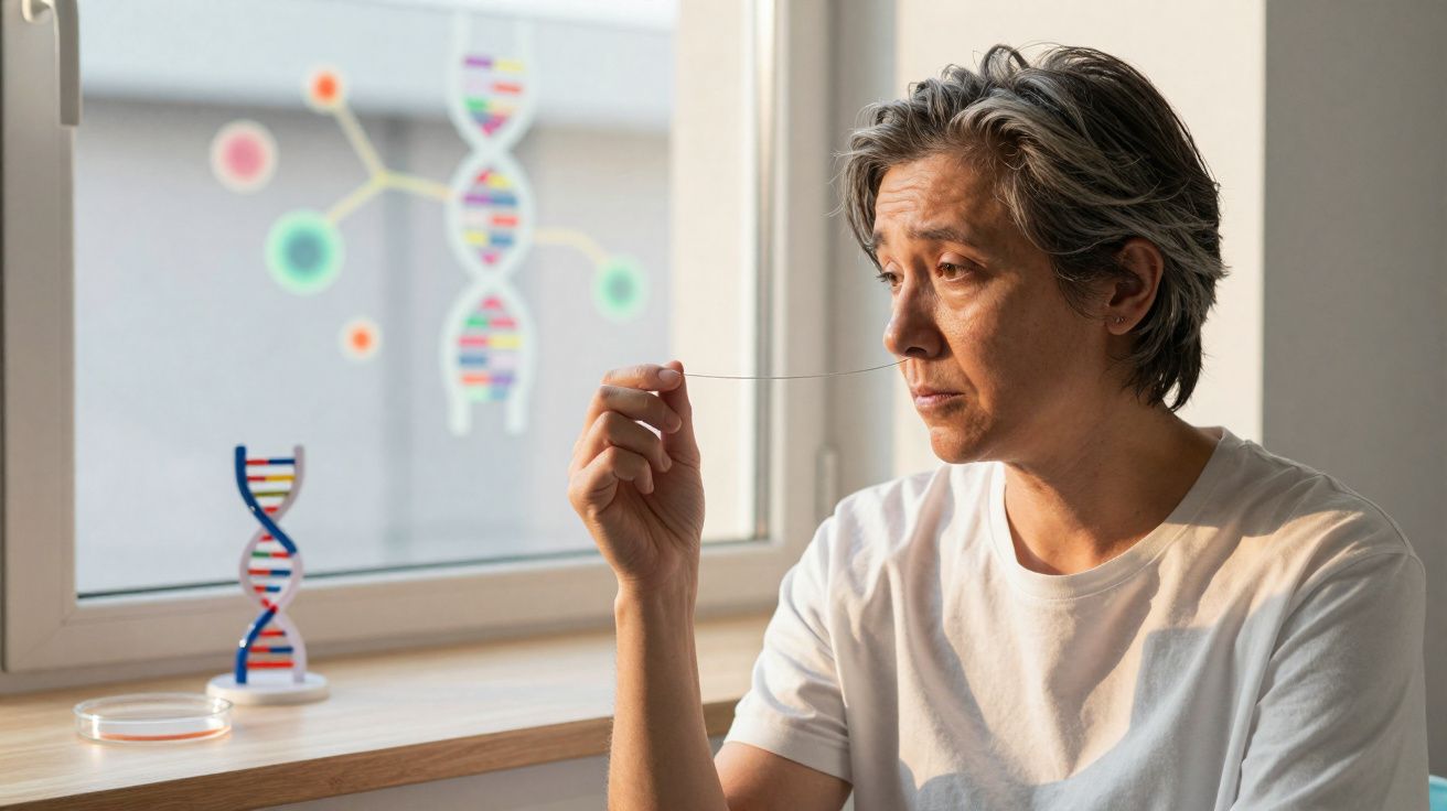 Pessoa adulta a segurar fio de cabelo, sentada junto a janela com modelos de ADN e moléculas coloridas no vidro.
