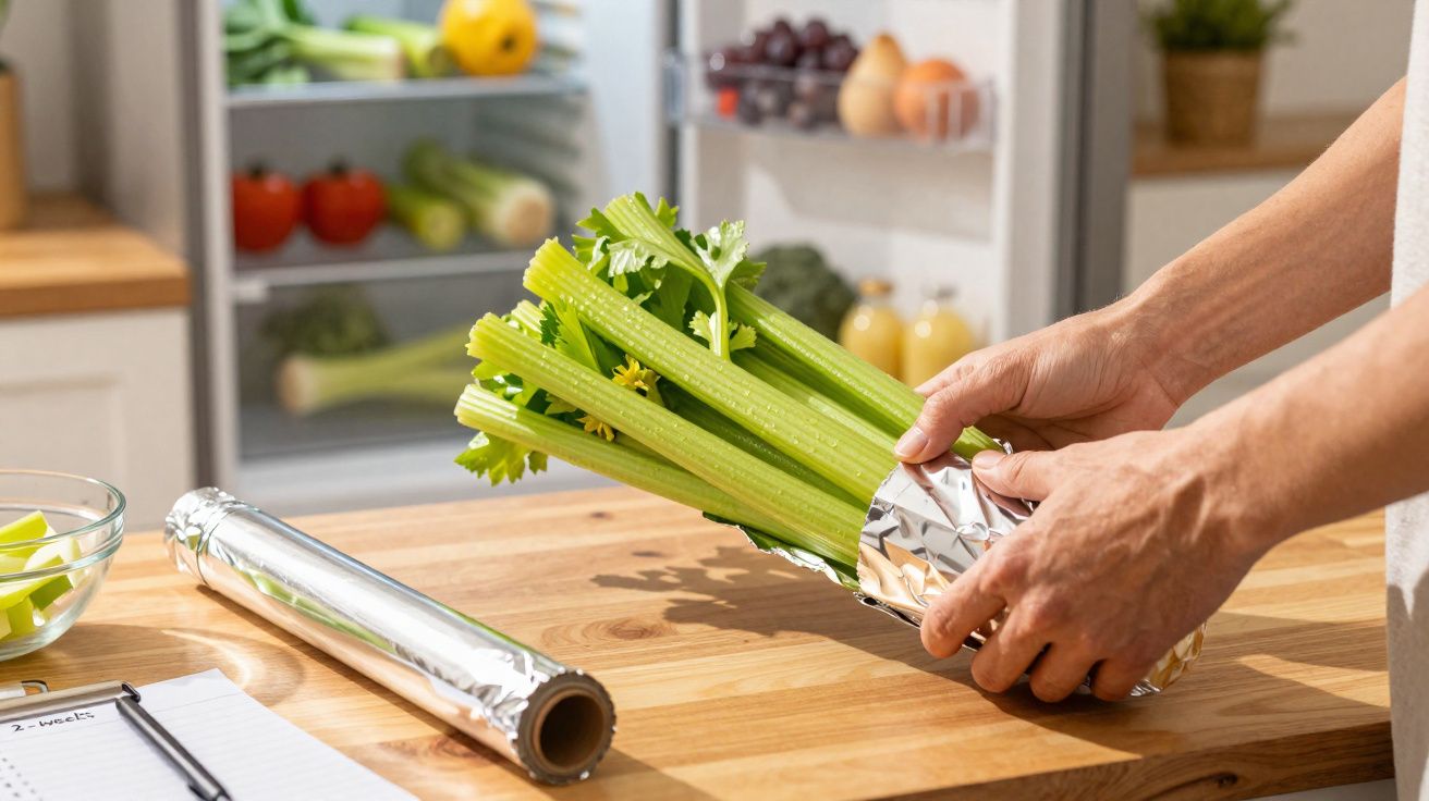 Pessoa a embrulhar um ramo de aipo em folha de alumínio numa bancada de cozinha.