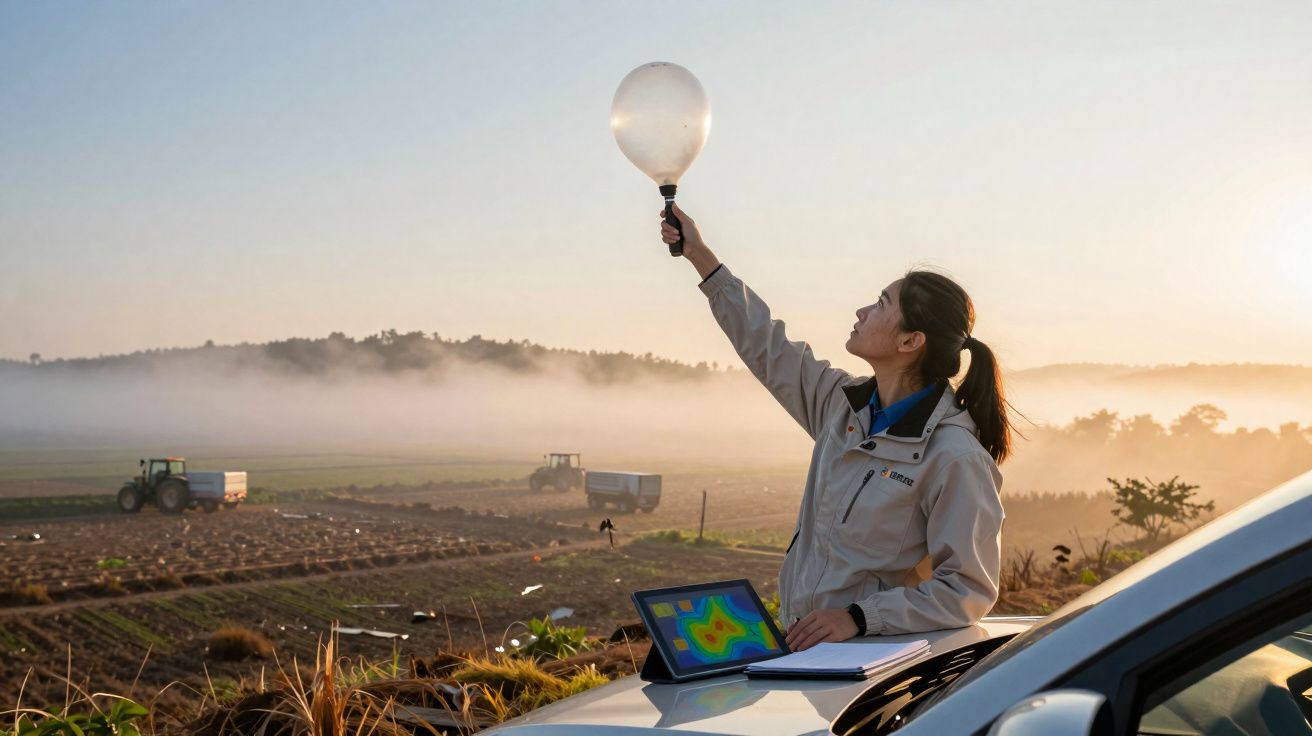 Mulher lança balão meteorológico ao amanhecer numa área rural com máquinas agrícolas ao fundo.