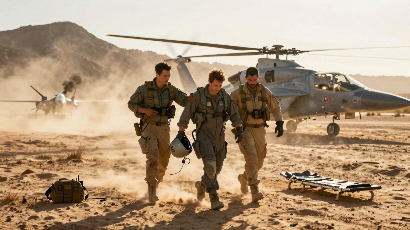 Três pilotos militares ajudam piloto ferido a sair do deserto com helicóptero e avião ao fundo.