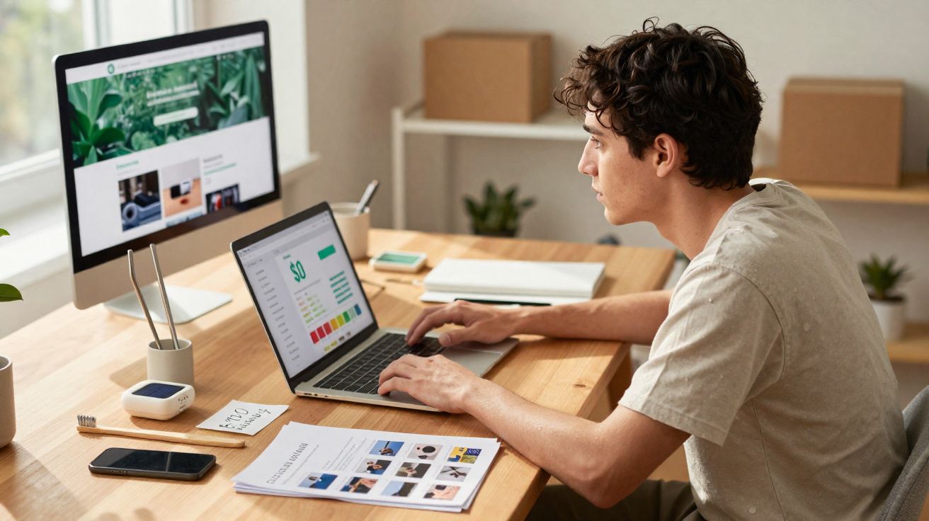 Homem a trabalhar num laptop numa secretária com monitor e materiais de escritório numa sala iluminada.
