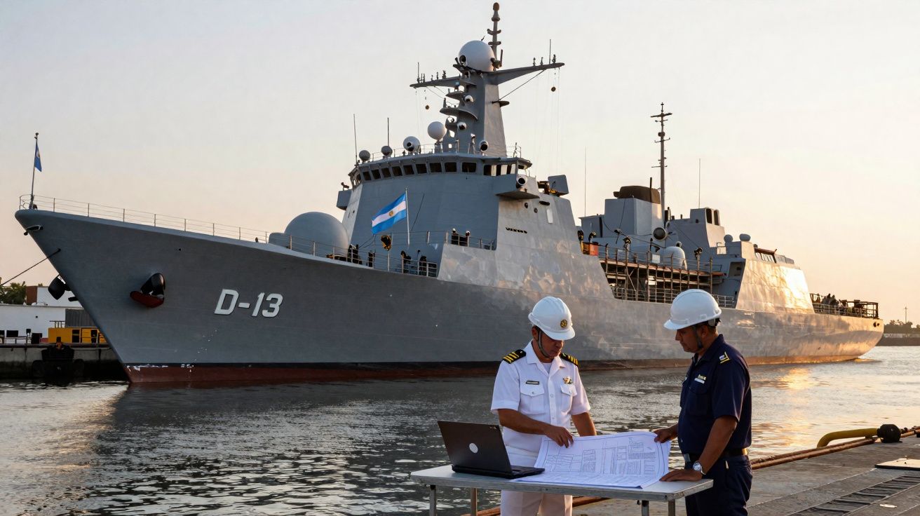 Navio de guerra D-13 atracado com dois oficiais navais a analisar plantas junto ao cais ao pôr do sol.