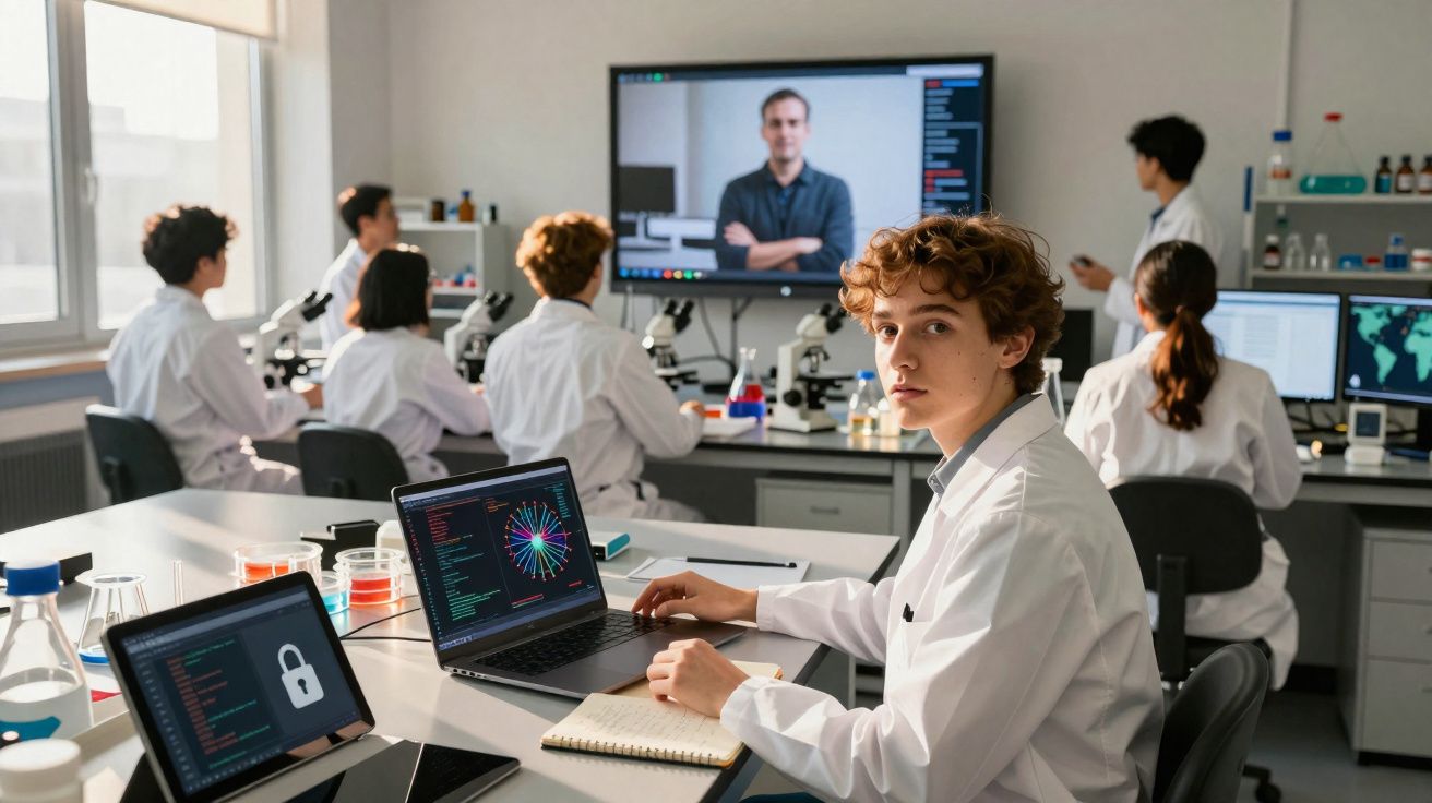 Estudantes em laboratório com equipamento de microscópio em aula presencial e vídeo conferência online.