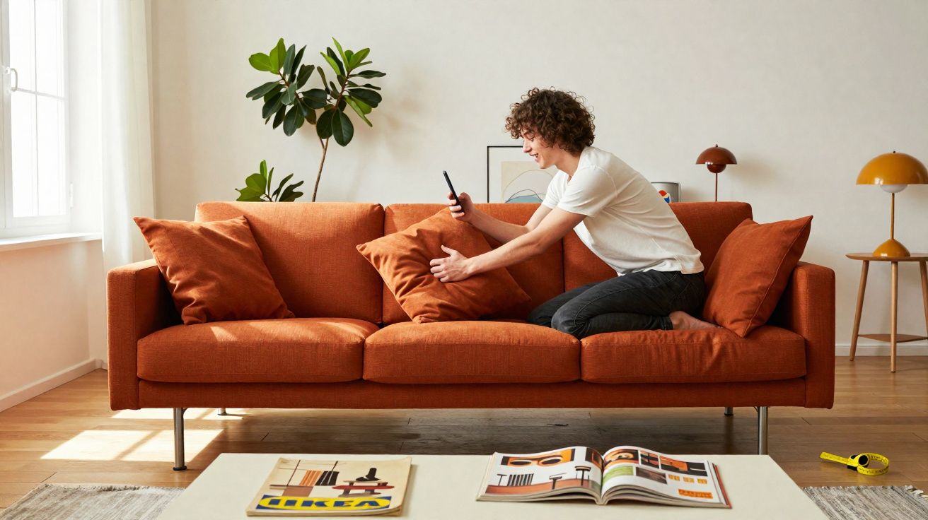 Pessoa sentada num sofá laranja, a usar telemóvel, com revistas na mesa e plantas ao fundo.