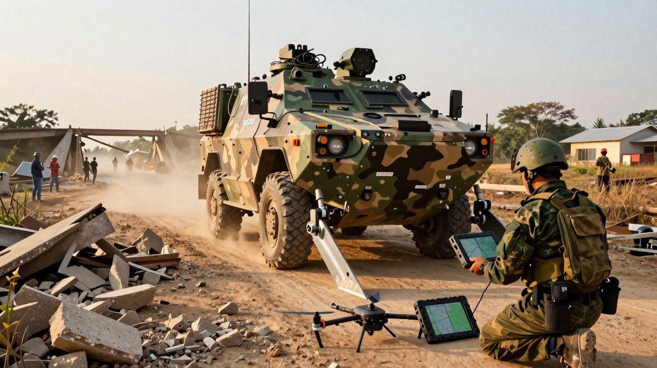 Soldado em uniforme militar com drone e veículo blindado camuflado em estrada de terra com destroços.