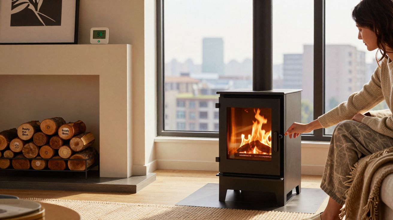 Mulher ajusta estufa a lenha acesa numa sala moderna com janela grande e lenha empilhada.
