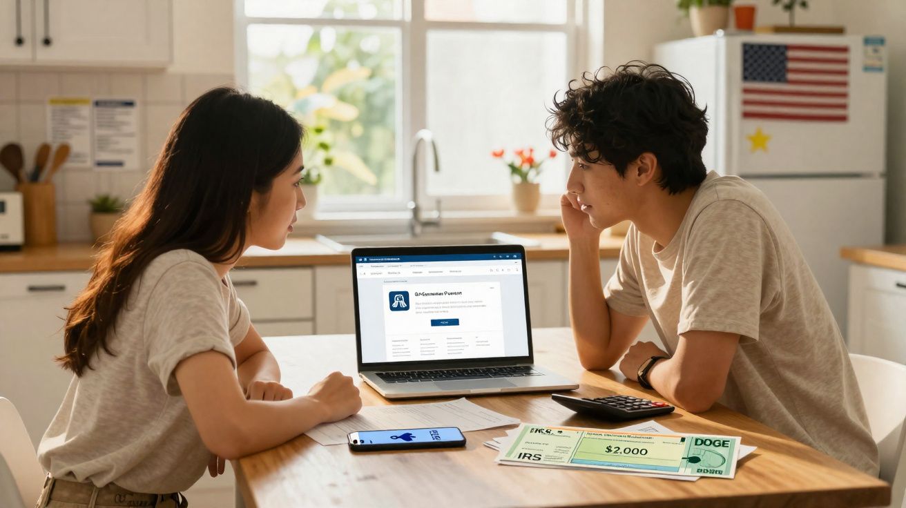 Casal jovem sentado à mesa da cozinha a analisar documento financeiro num computador portátil.