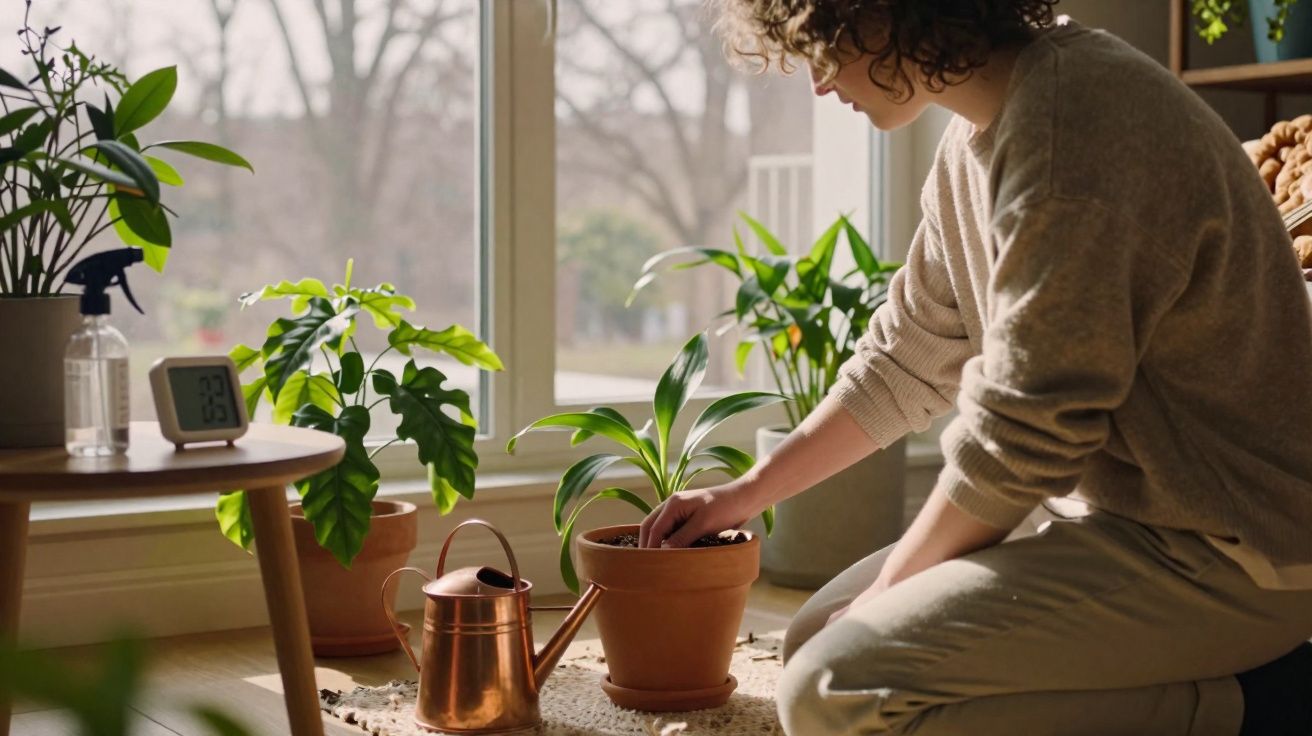 Mulher a cuidar de plantas dentro de casa junto a uma janela durante o dia.