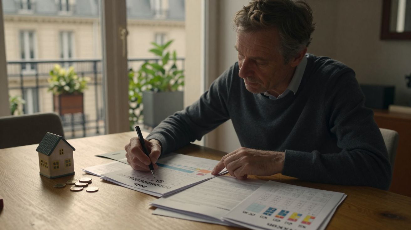 Homem sentado a analisar documentos financeiros numa mesa com maquete de casa e moedas.