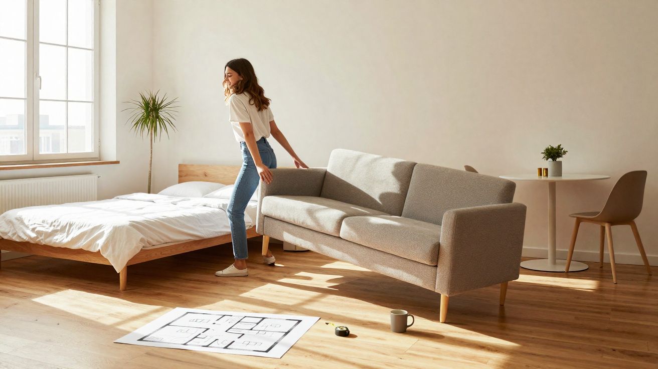 Mulher jovem a arrumar sofá numa sala luminosa com cama, planta e planta arquitetónica no chão.