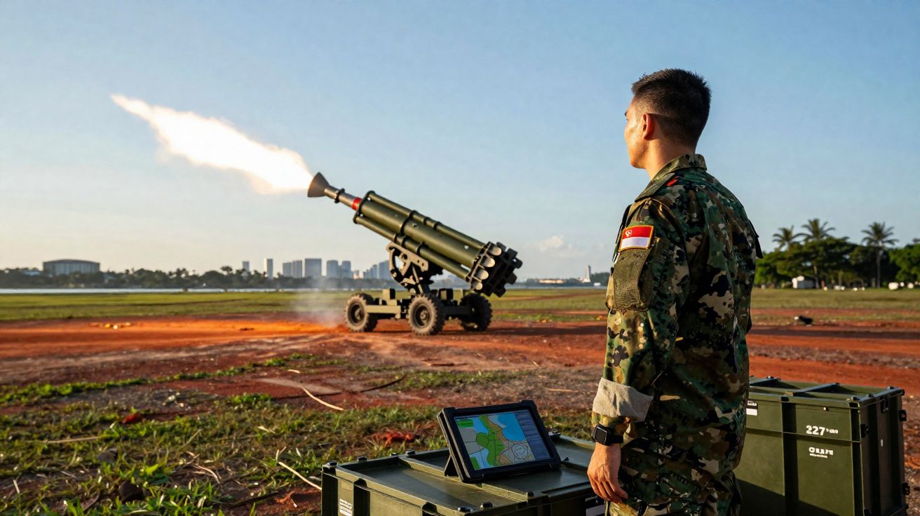 Soldado observa lança-foguetes a disparar em campo aberto durante exercício militar.