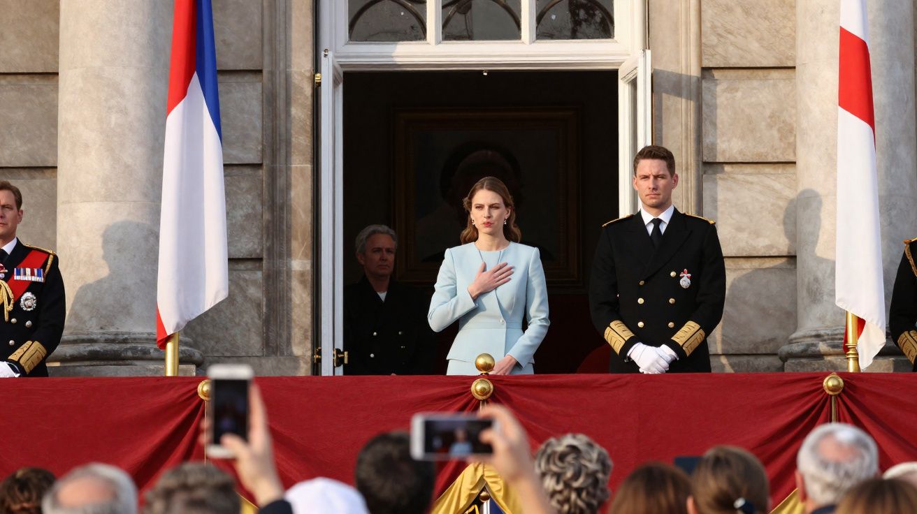 Mulher e homem em uniforme formal num palco com bandeiras, com público fotografando em primeiro plano.