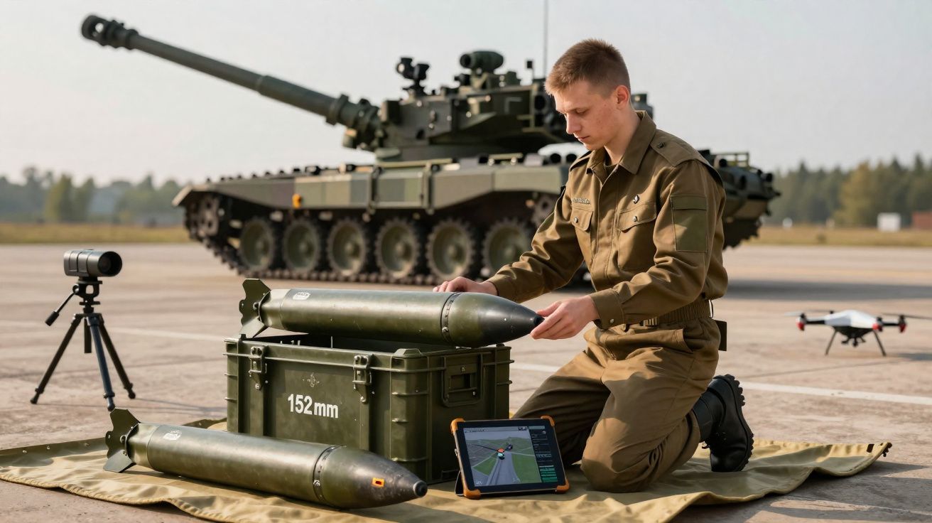 Soldado a inspecionar munições ao lado de um tanque e de um drone num campo de treino militar.
