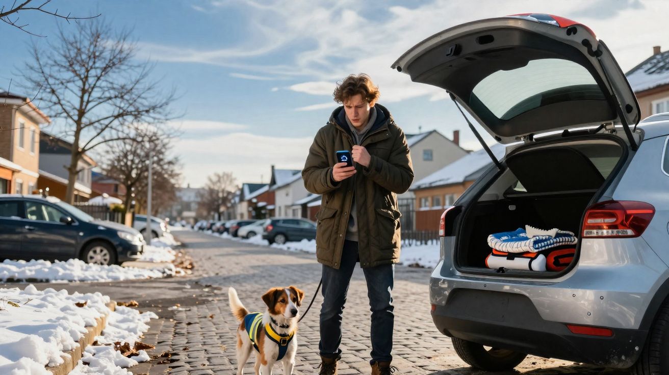 Homem a usar telemóvel junto a carro com mala aberta e cão vestido numa rua coberta de neve.