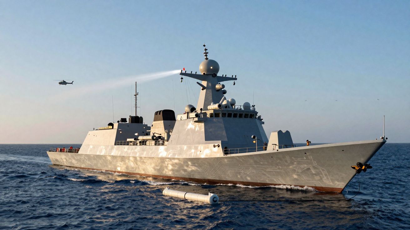 Fragata militar cinzenta em mar calmo ao pôr do sol com um helicóptero preto a sobrevoar.