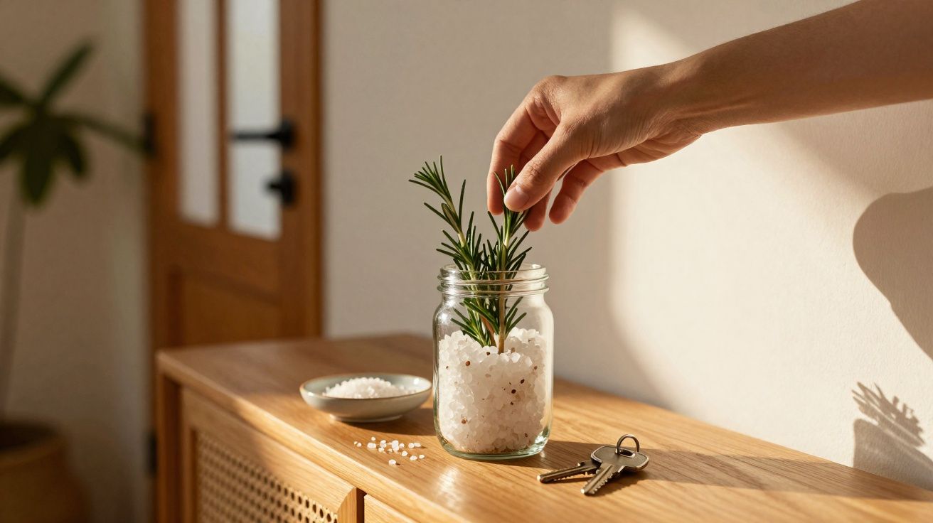 Mão a colocar raminho de alecrim em frasco com sal grosso sobre móvel de madeira com chaves e prato pequeno.
