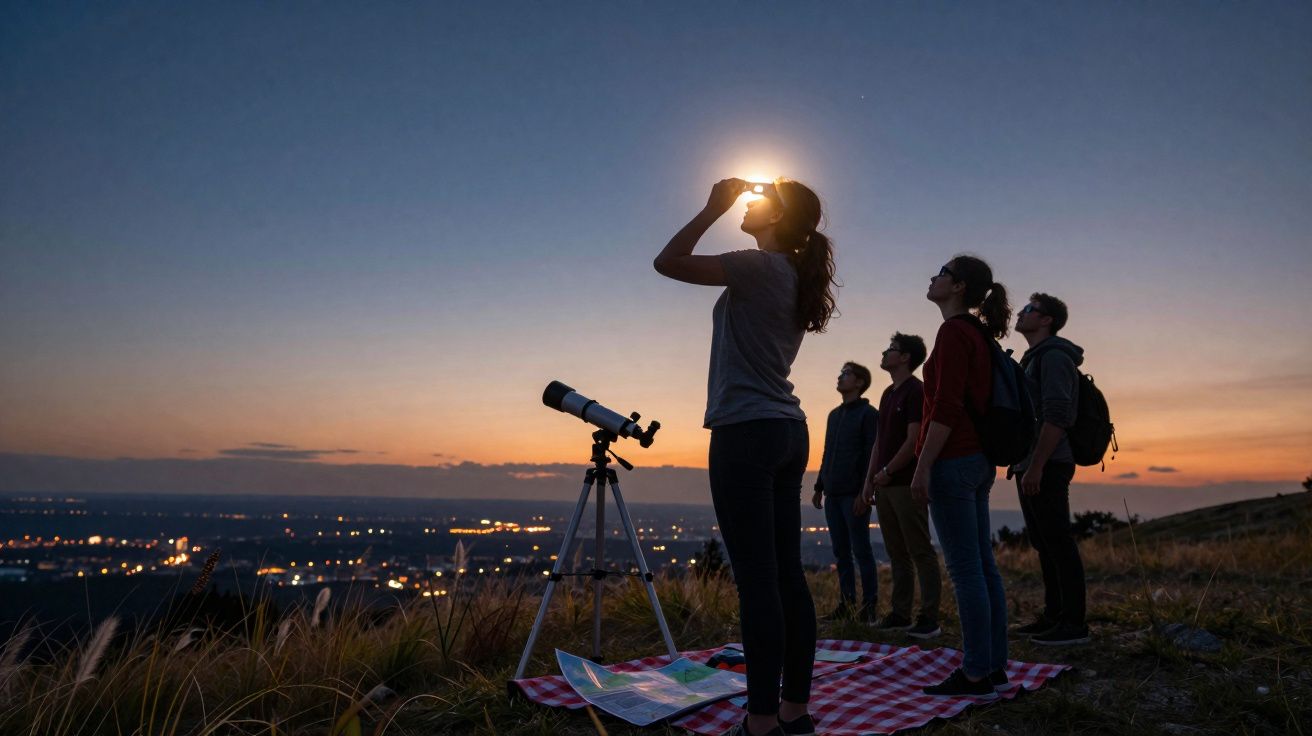Grupo de pessoas a observar o céu ao pôr do sol numa colina com um telescópio e mapas.