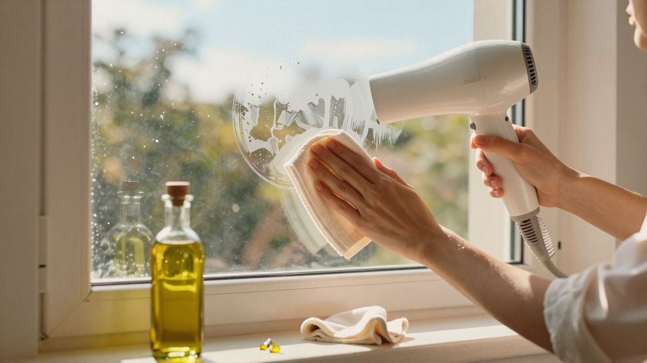 Pessoa a limpar janela com pano e secador de cabelo para secar o vidro ensaboado.