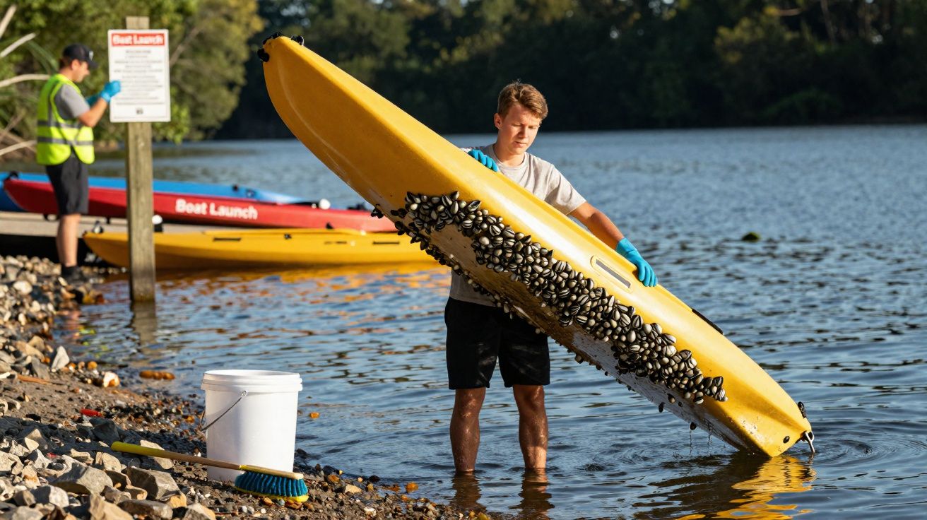 Homem remove mexilhões incrustados de caiaque amarelo junto a margem de rio com pedras e vegetação.