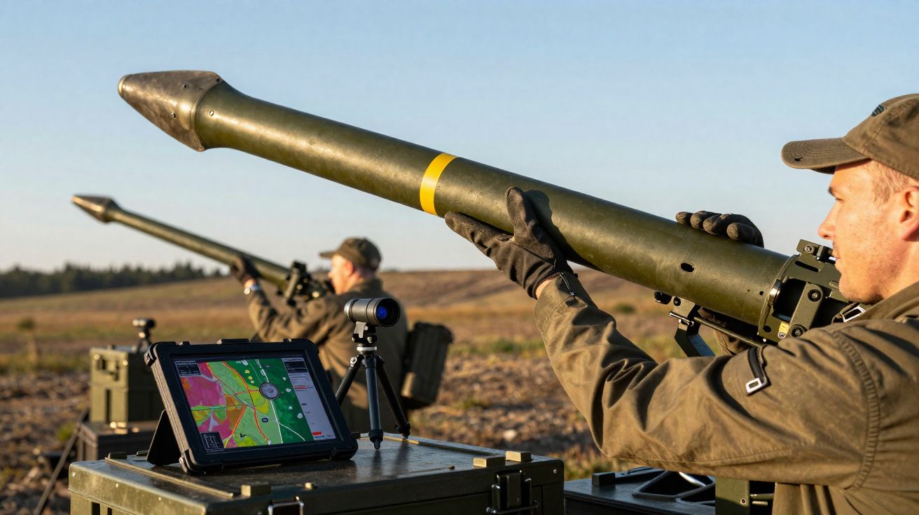 Dois soldados seguram mísseis e preparam lançamento num campo aberto com equipamento tecnológico à frente.