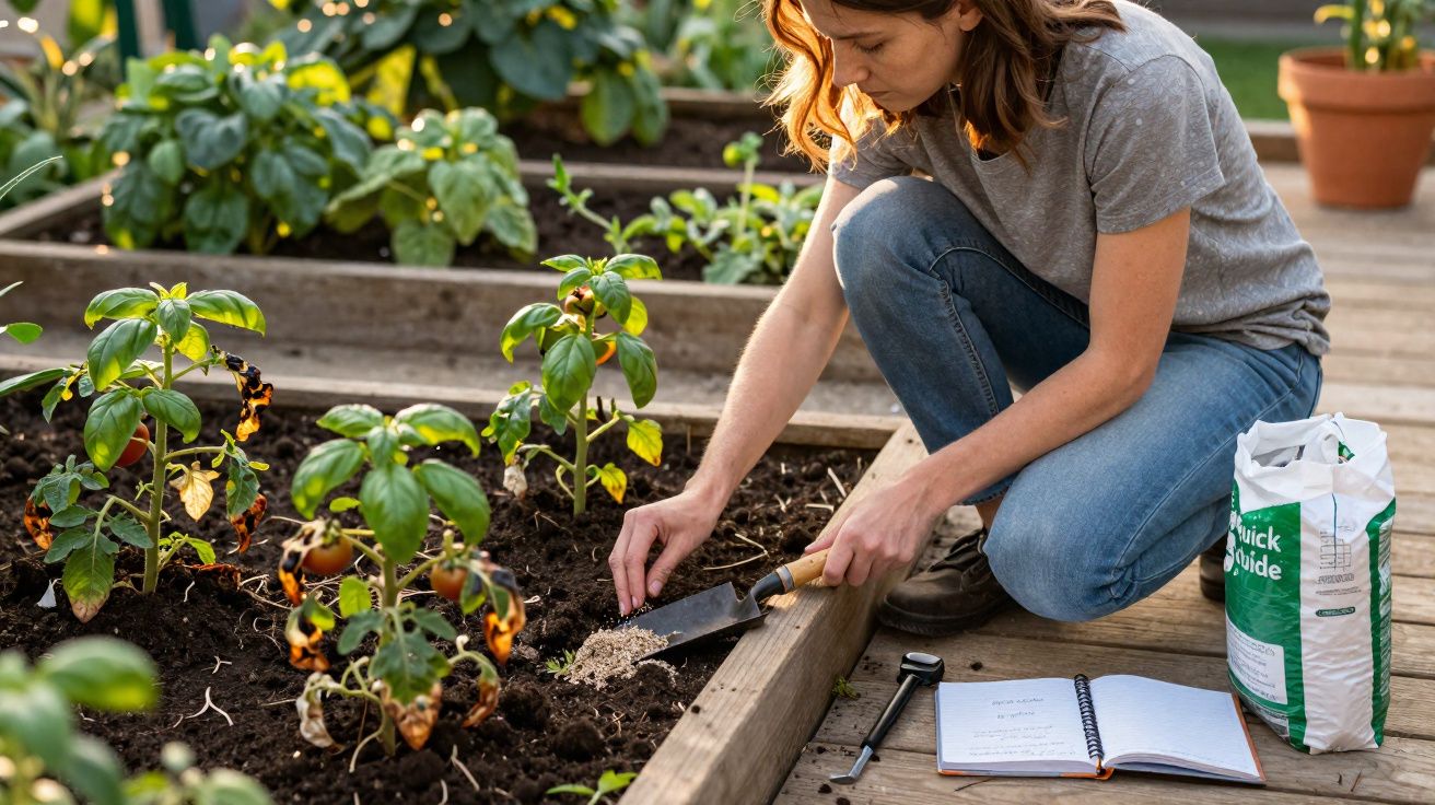 Mulher a cultivar plantas numa horta elevada, usando uma pequena pá junto a um caderno de anotações.