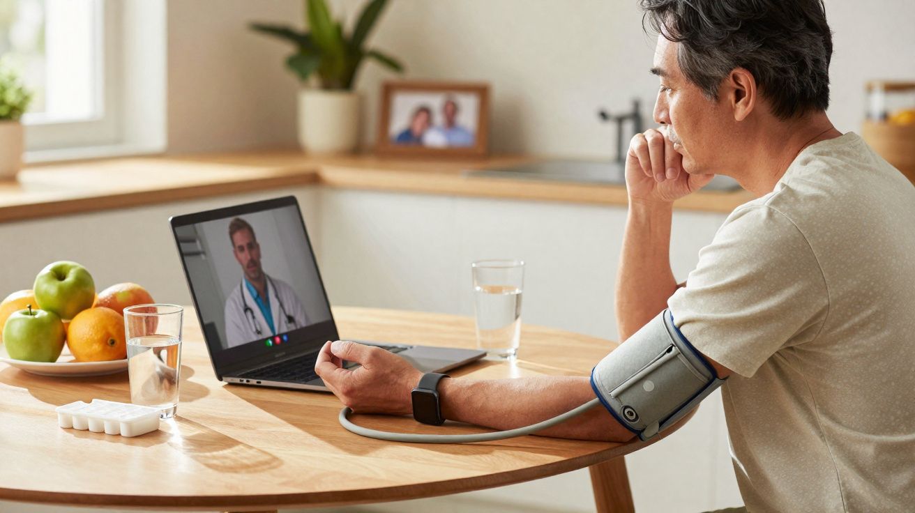 Homem a medir tensão arterial e a fazer consulta médica online por laptop numa cozinha.