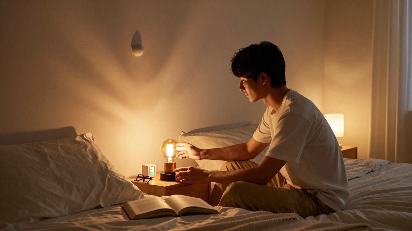 Homem sentado na cama a acender uma lâmpada de cabeceira num quarto com luz quente e livro aberto.