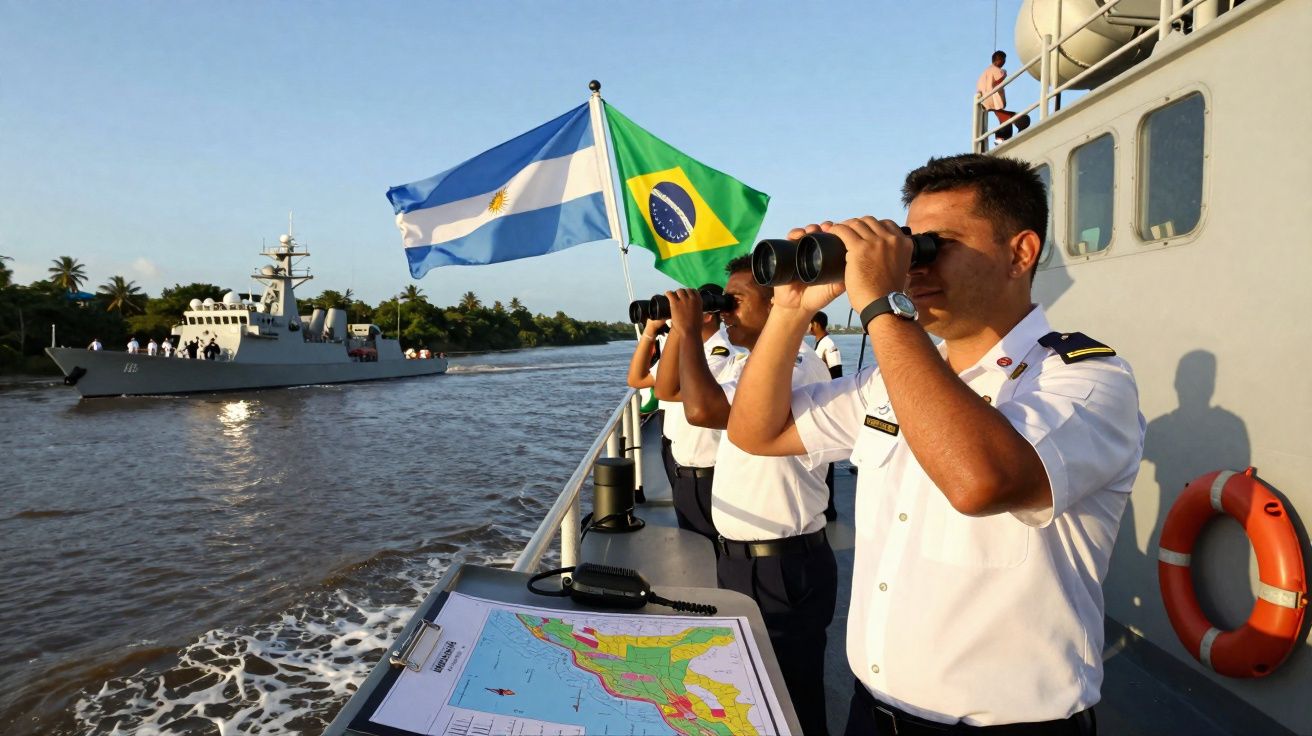 Militares em uniforme branco observam com binóculos do convés de um navio brasileiro, com bandeiras do Brasil e Argentina.