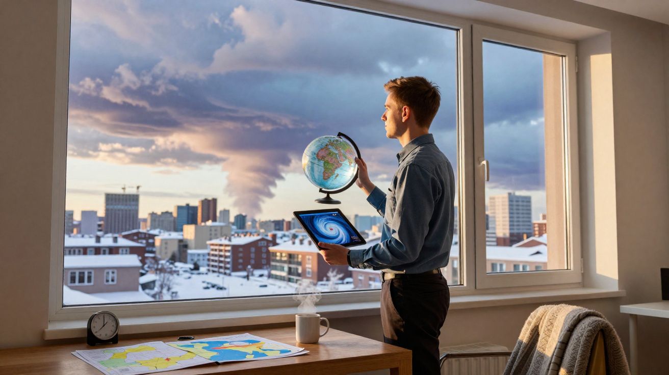 Homem com globo terrestre e tablet observa nuvem de tempestade numa cidade nevada ao pôr do sol.
