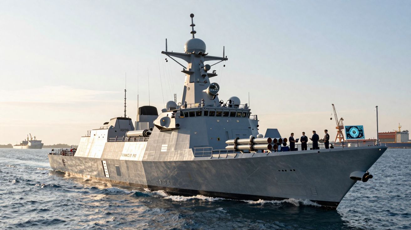 Fragata militar cinzenta navegando no mar com vários tripulantes no convés ao entardecer.