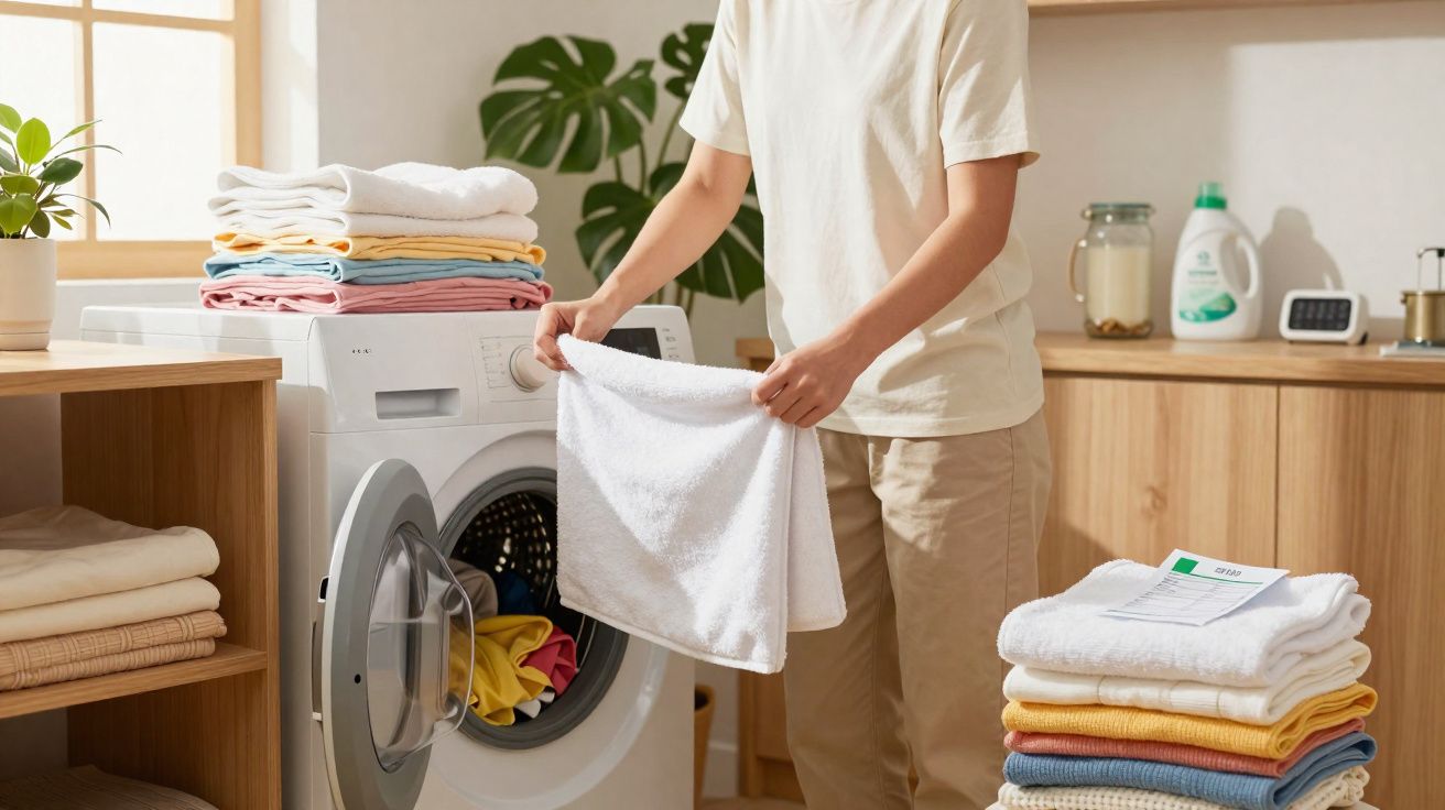 Pessoa a retirar toalha branca da máquina de lavar roupa numa lavandaria doméstica organizada e luminosa.