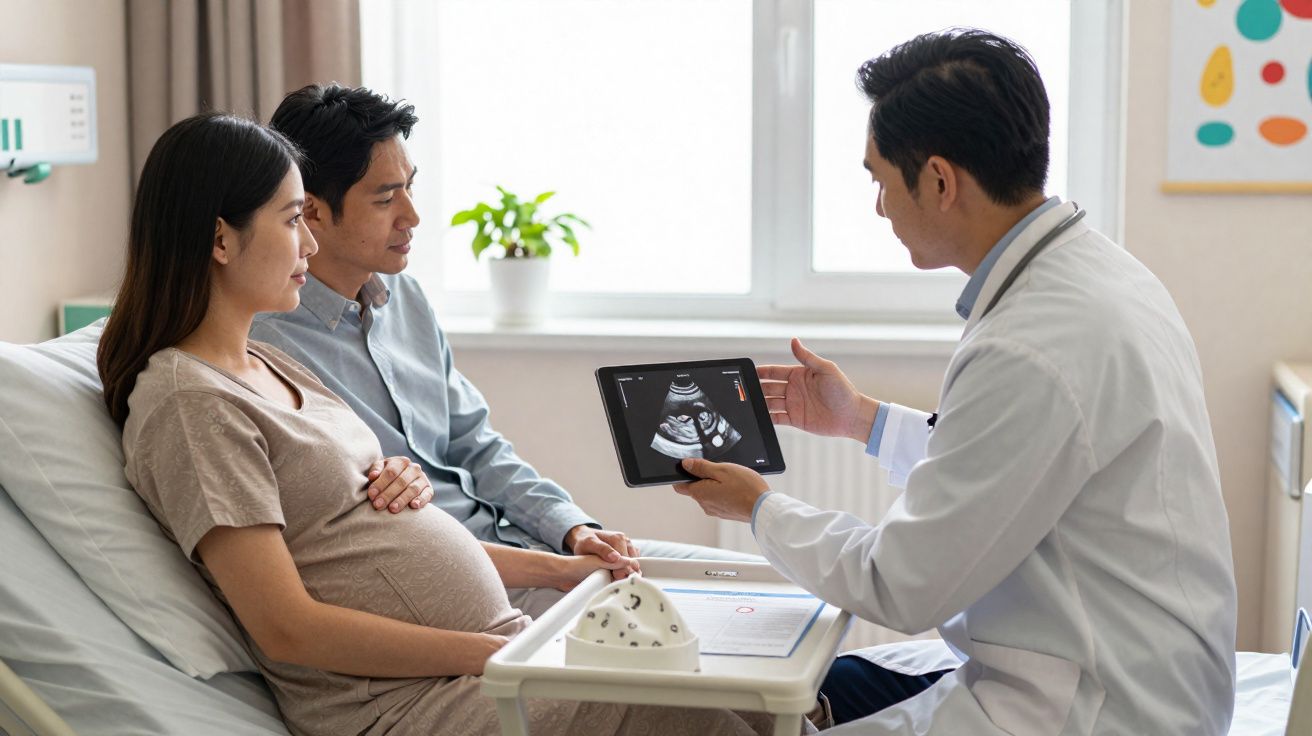 Casal grávido consulta médico que mostra ecografia num tablet numa sala de hospital bem iluminada.