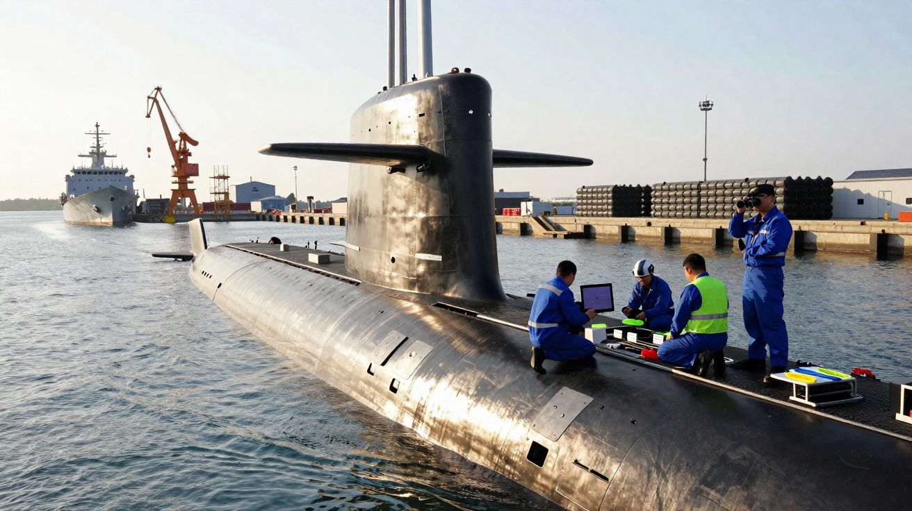 Submarino preto atracado com quatro homens em fatos azuis a trabalhar no convés, com cais e navio ao fundo.