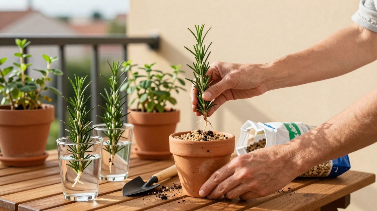 Mãos a plantar um ramo de alecrim num vaso de barro, com outras plantas e utensílios numa mesa de madeira.