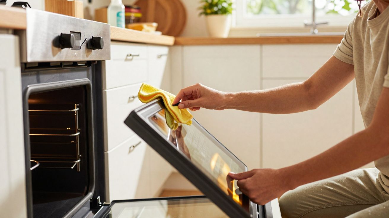 Pessoa a limpar com um pano amarelo a porta do forno aberto numa cozinha moderna e luminosa.