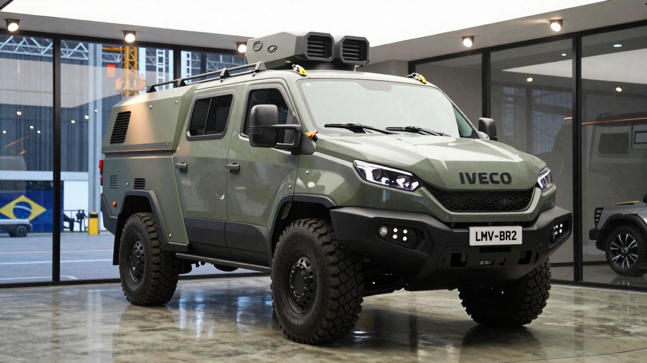 Veículo militar blindado Iveco verde com design robusto exposto em espaço moderno interior.