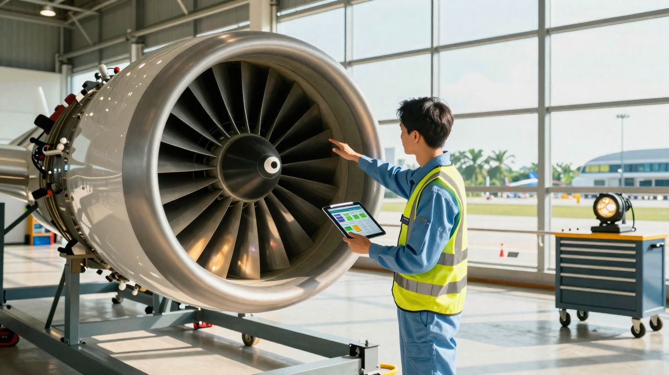 Técnico a inspecionar motor de avião com tablet em hangar iluminado por luz natural.