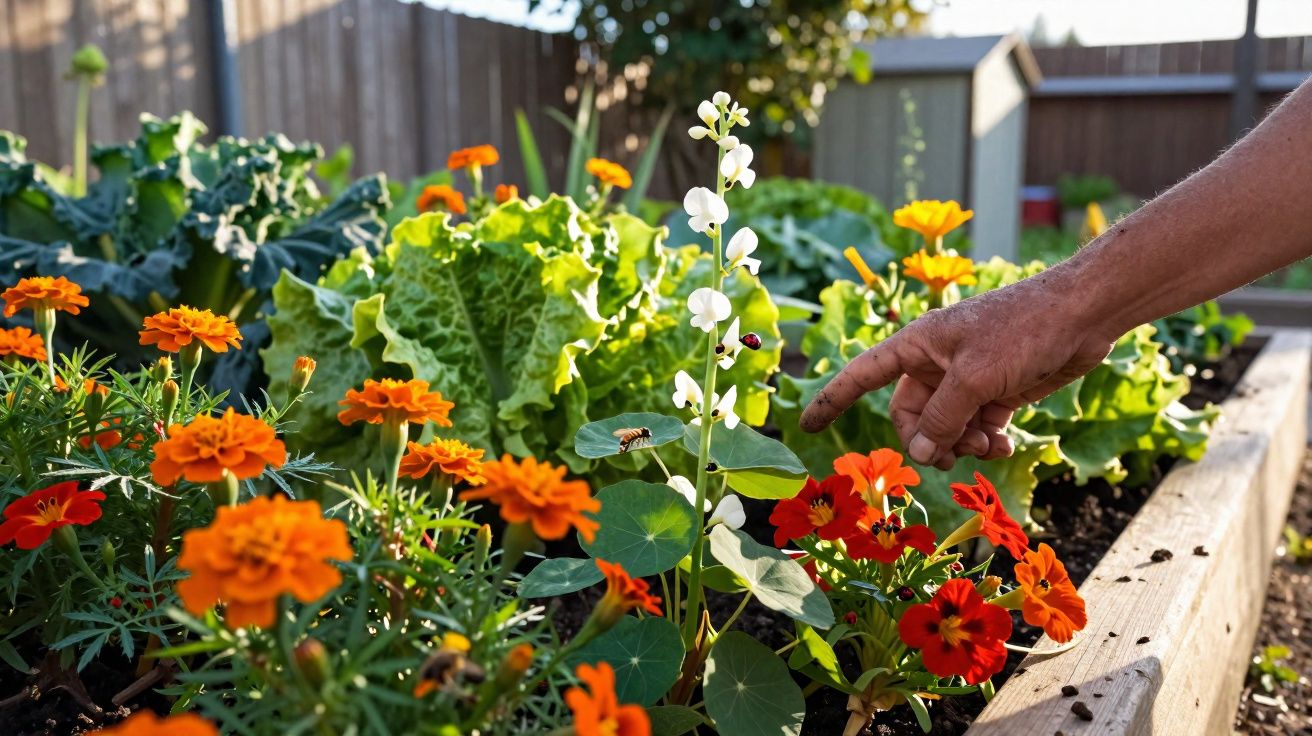 Flores laranja e vermelhas num canteiro com alface, mão a apontar e um joaninha na flor branca.