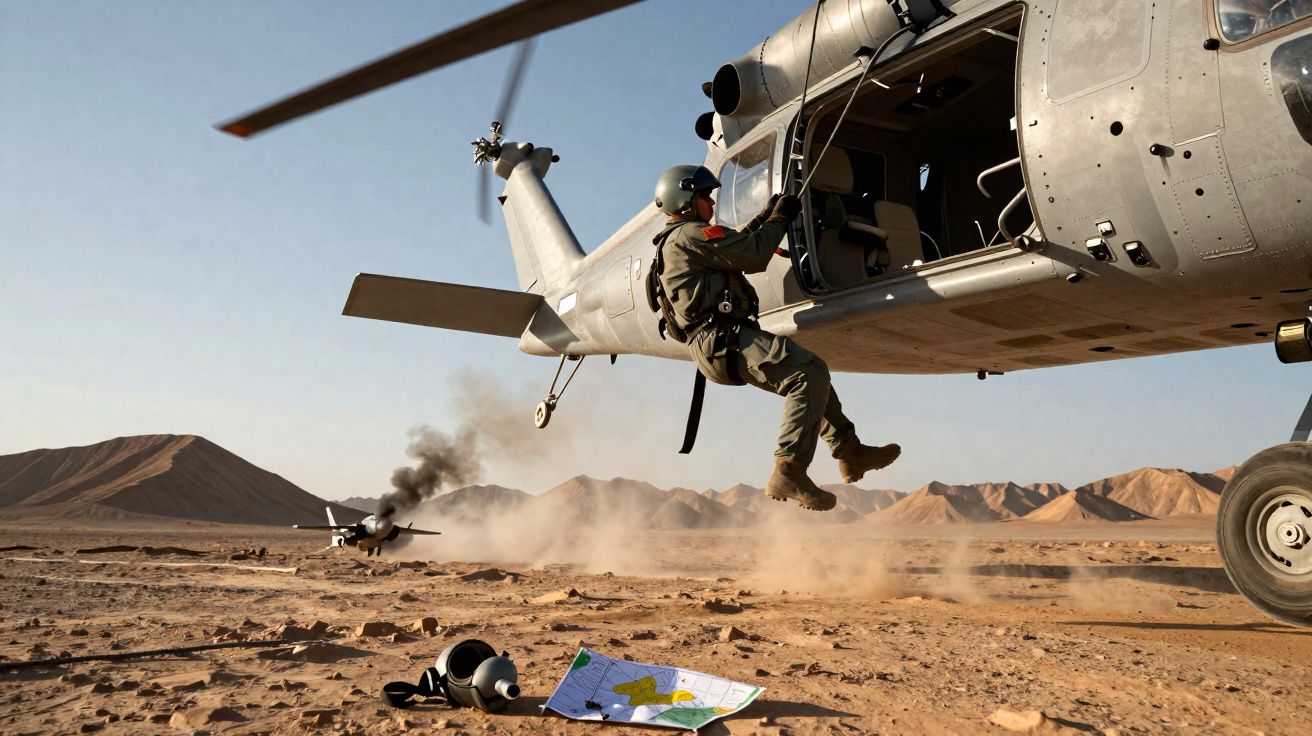 Soldado a descer de helicóptero militar em terreno árido com mapa e objeto no chão, e avião com fumo ao fundo.
