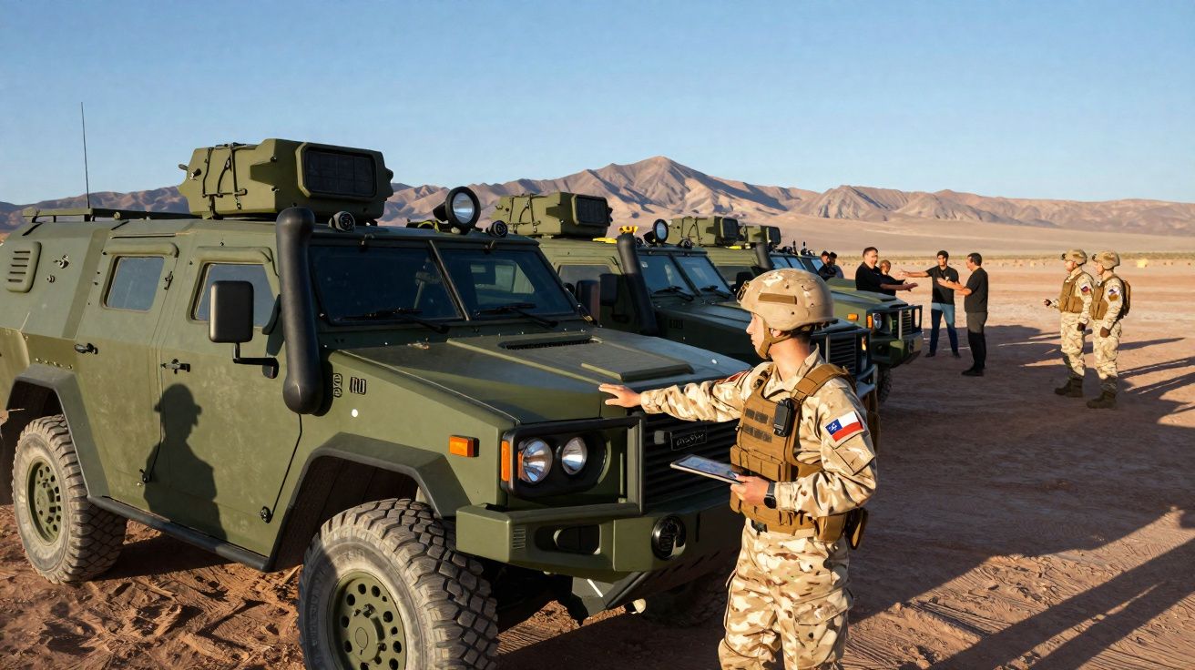 Soldado armado junto a veículos militares todo-o-terreno em deserto com montanhas ao fundo.