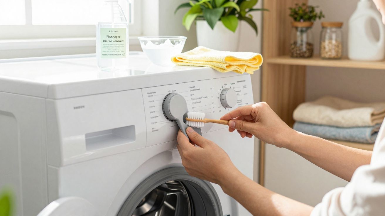 Pessoa a limpar o painel de comando de uma máquina de lavar roupa com uma escova de dentes e produtos de limpeza.