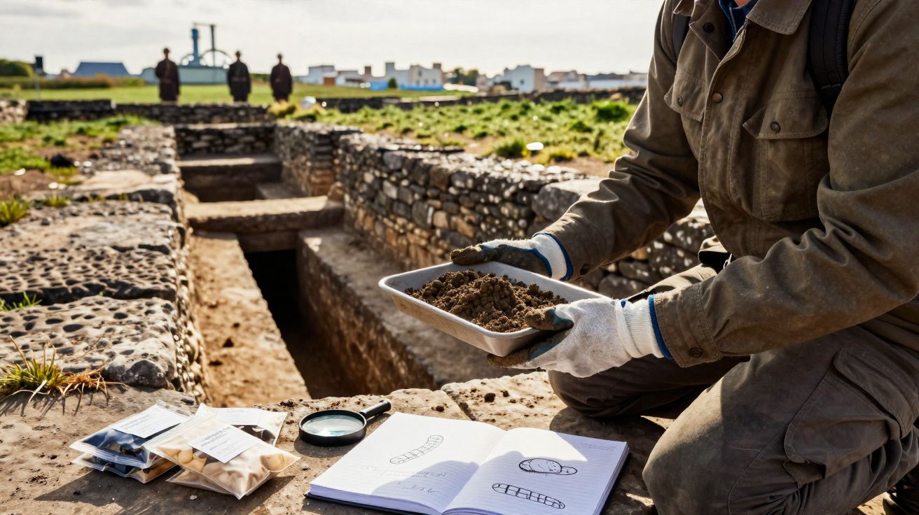 Arqueólogo com luvas analisa amostra de solo em escavação arqueológica ao ar livre junto a caderno de notas.
