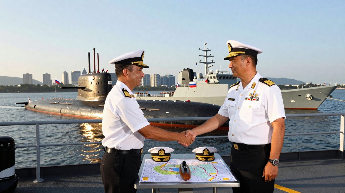 Dois oficiais navais apertam as mãos junto a mesa com mapa e dois navios militares ao fundo.