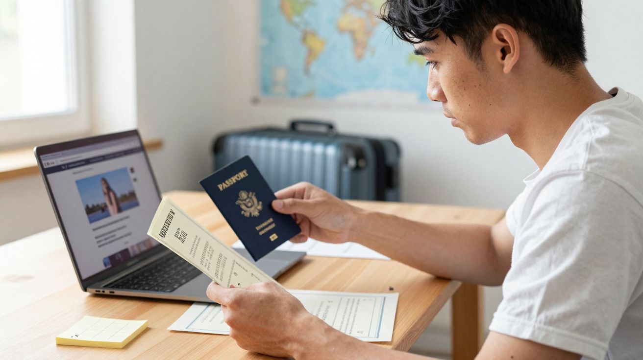 Homem a planear viagem segurando passaporte e bilhete aéreo junto a computador portátil aberto.