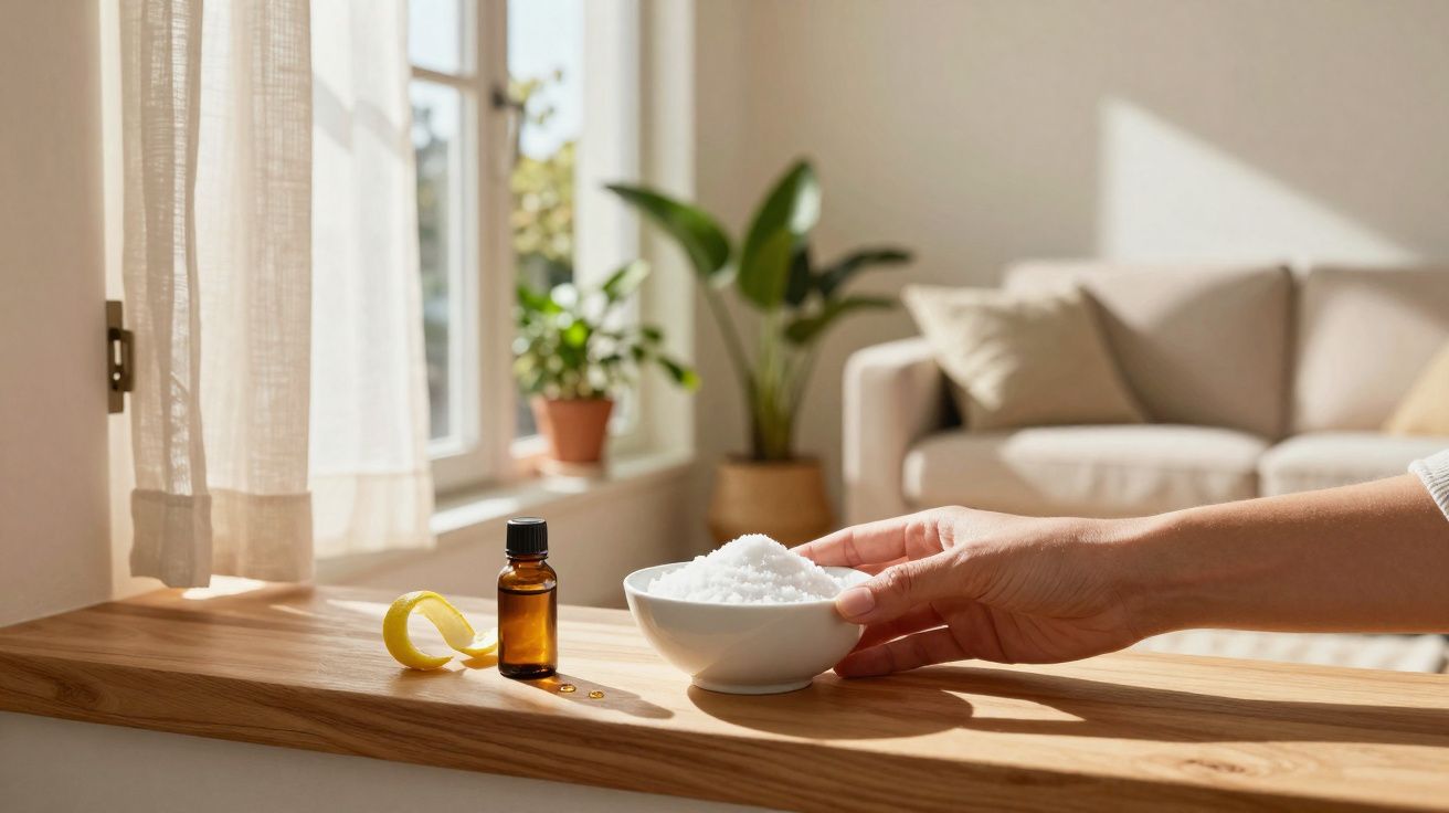 Mão segurando tigela branca com sais de banho, ao lado de frasco âmbar e casca de limão numa mesa de madeira.