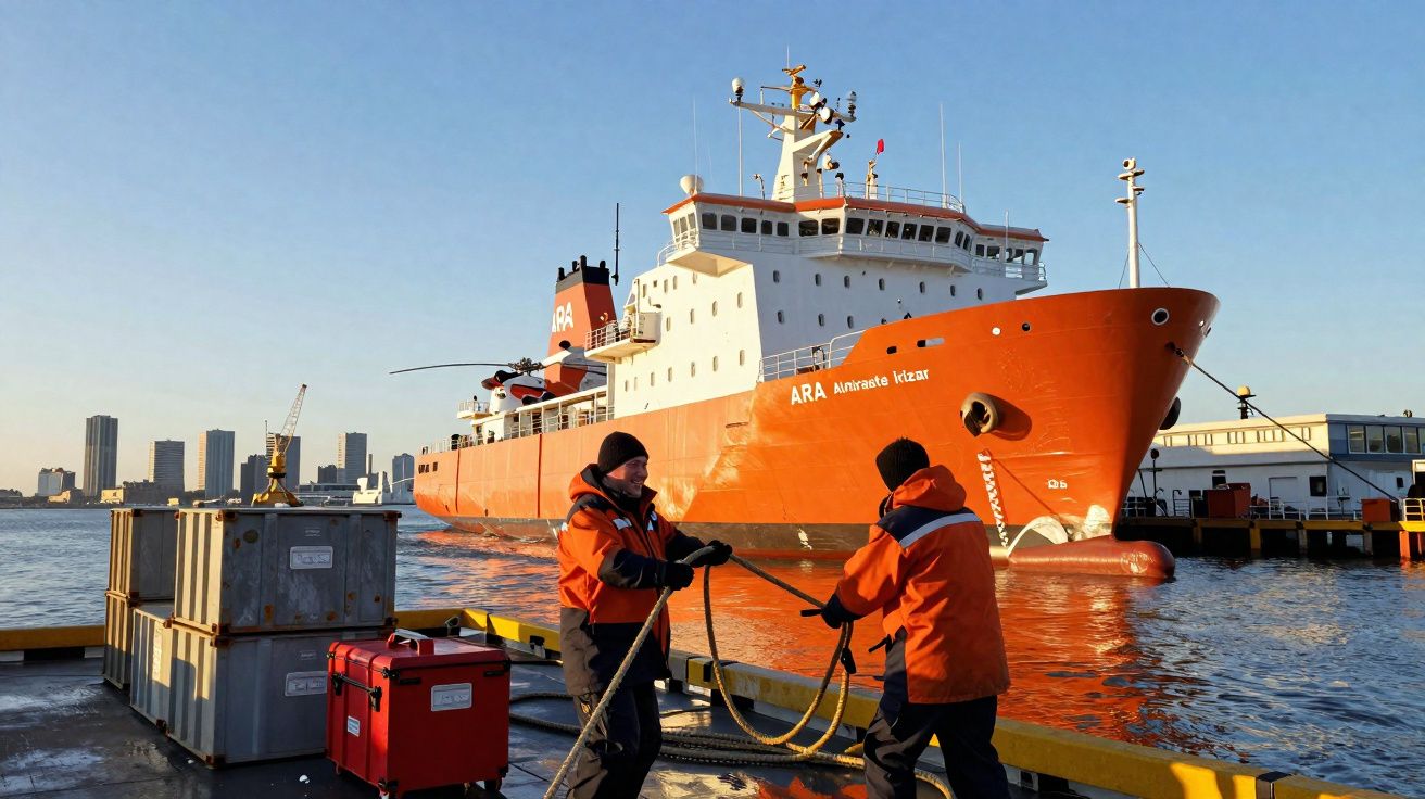 Dois homens com casacos laranja manuseiam cordas num cais junto ao navio de cor laranja ARA Almirante Irízar.