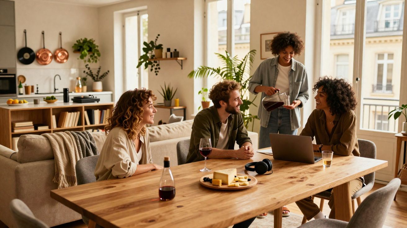 Grupo de amigos a conversar e beber vinho num espaço acolhedor com janelas grandes e luz natural.