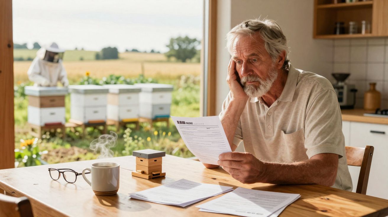 Homem idoso preocupado a ler documentos numa cozinha, com apicultor e colmeias ao fundo.
