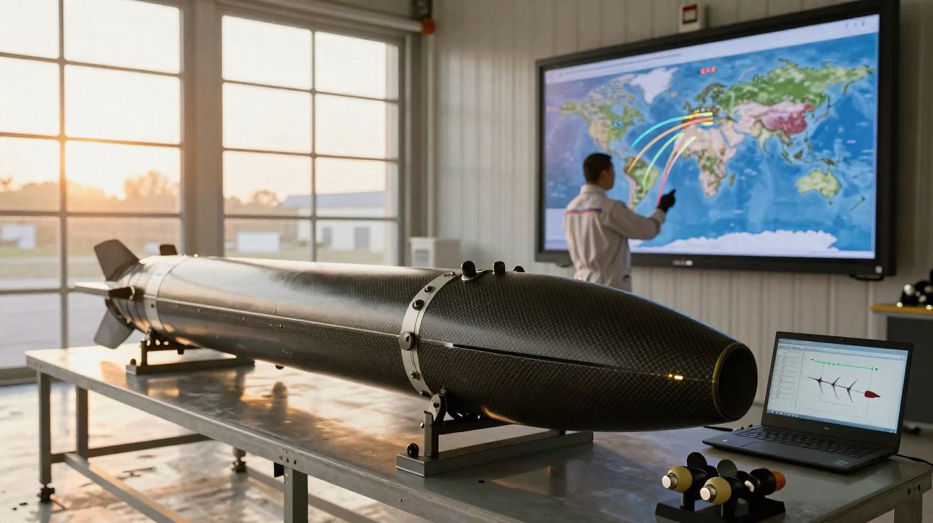 Prototipo de torpedo preto numa mesa de laboratório com mapas e gráficos no ecrã ao fundo.